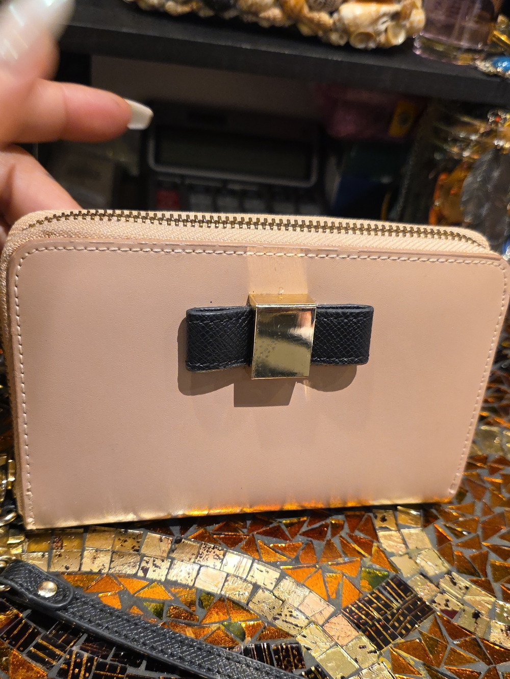 Ivanka Trump Blush Zip Wallet with Black Strap and Gold Hardware